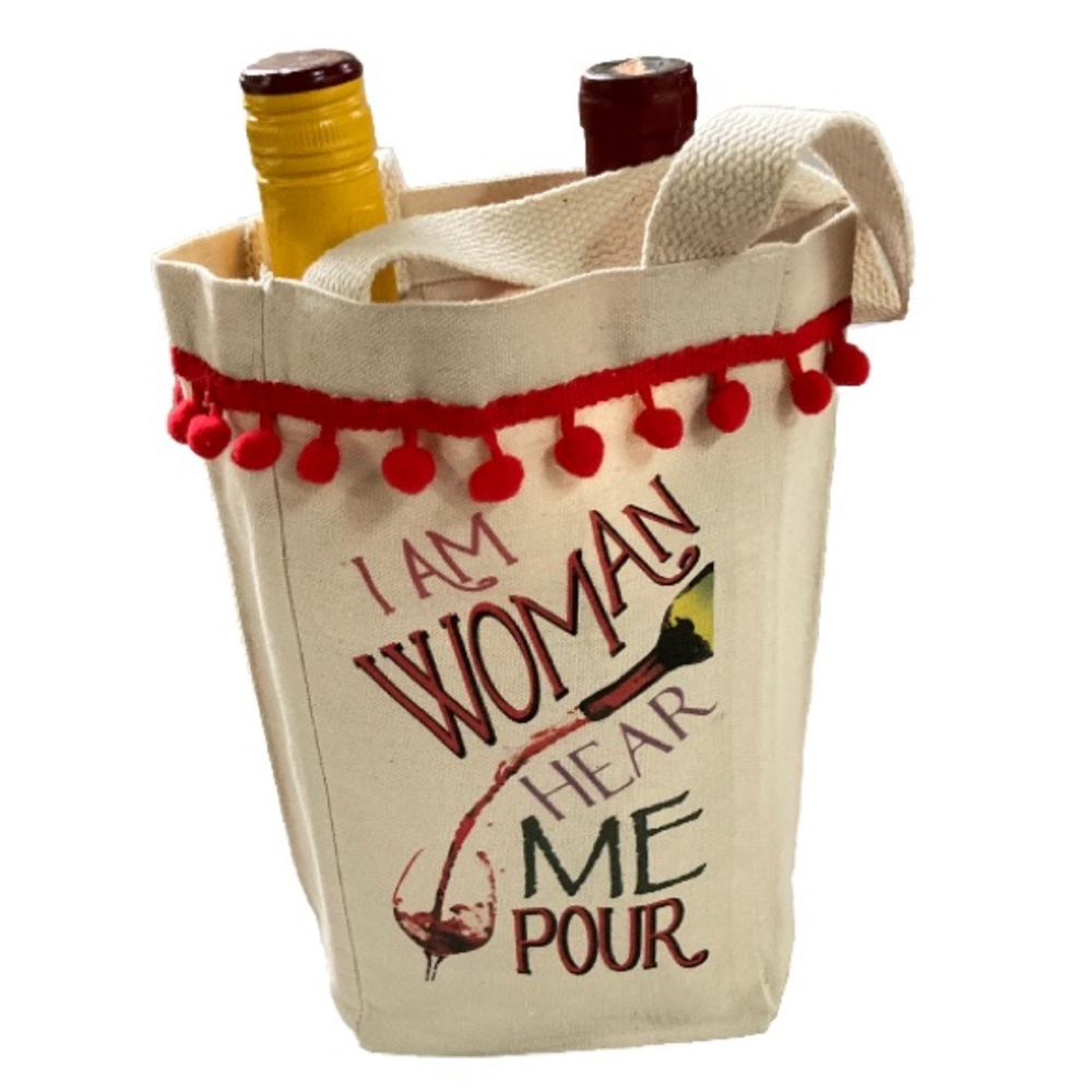 “I Am Woman Hear Me Pour” Double Wine Bottle Gift Canvas Tote Bag 10 in